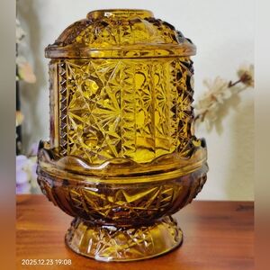 Amber Glass Fairy Lamp, Vintage Indiana Glass Stars And Bars, 1 Chip On Base